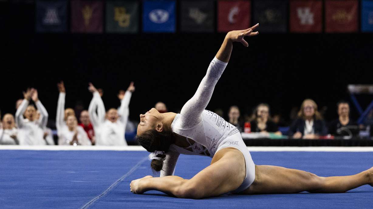 Utah’s Grace McCallum performs her floor routine during the Big 12 gymnastics championship at the Maverik Center in Salt Lake City on Saturday, March 22, 2025.