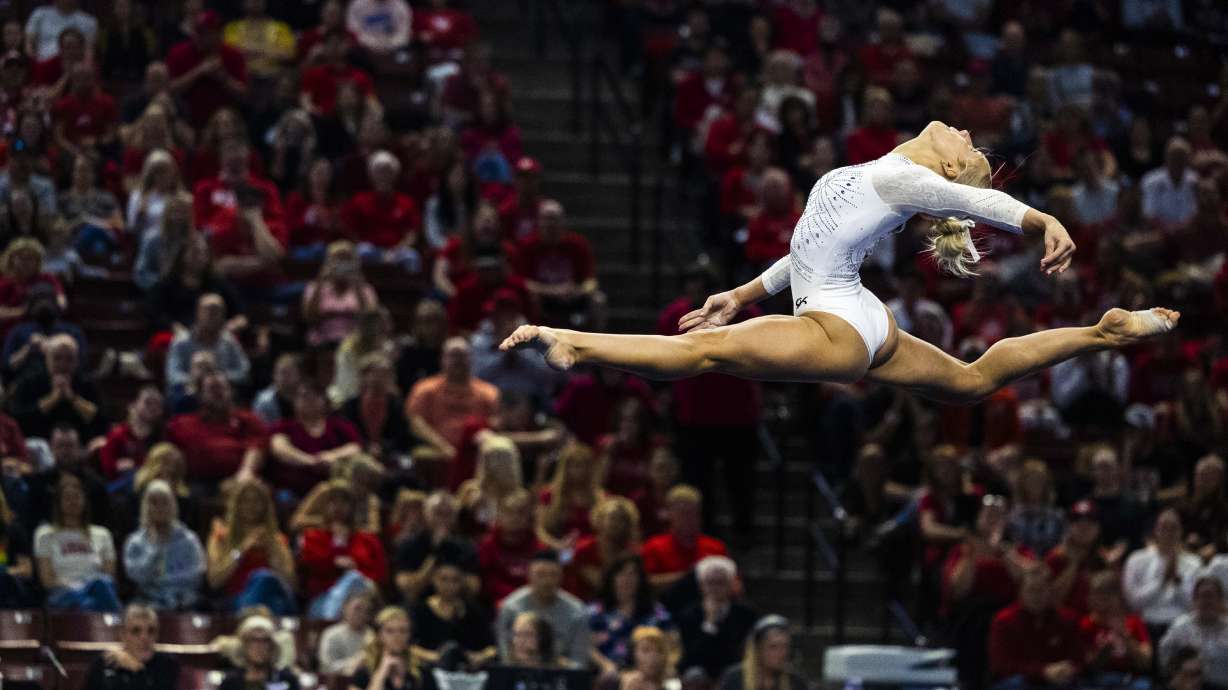 Utah’s Ashley Glynn performs her floor routine during the Big 12 gymnastics championship at the Maverik Center in Salt Lake City on Saturday, March 22, 2025.