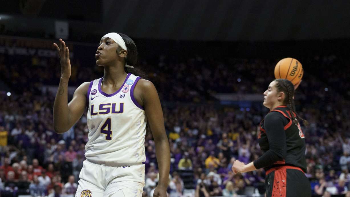 LSU guard Flau'Jae Johnson (4) blows a kiss after a steal followed by a basket against San Diego State during the first half in the first round of the NCAA college basketball tournament, Saturday, March 22, 2025, in Baton Rouge, La.