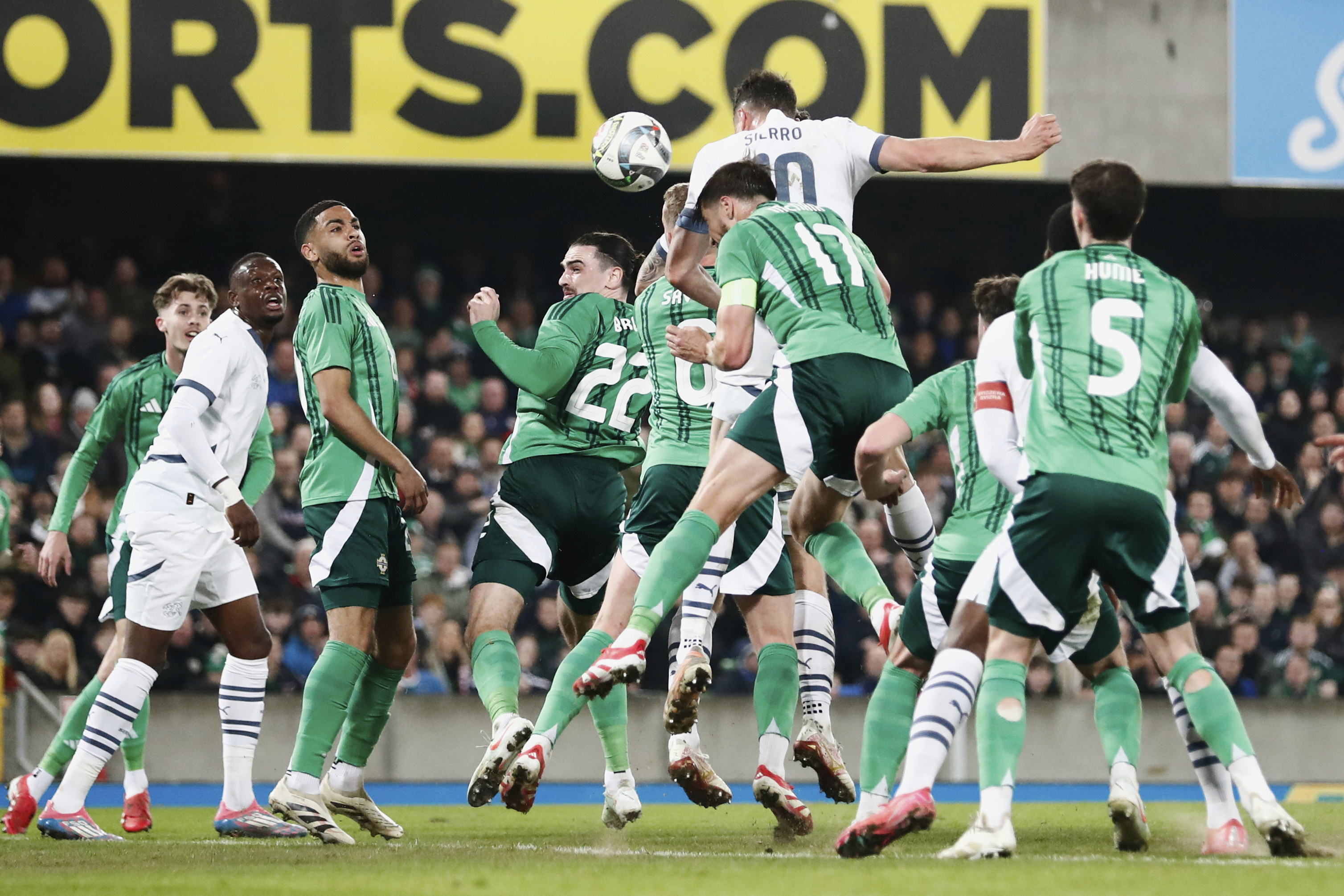 Switzerland's Vincent Sierro scores a goal against Northern Ireland during the international friendly soccer match between Northern Ireland and Switzerland at Windsor Park stadium, in Belfast, Northern Ireland, Friday, March 21, 2025.