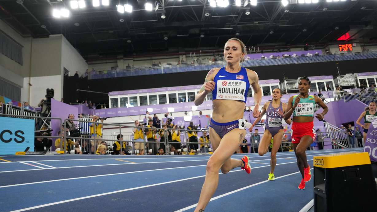 Shelby Houlihan, of the United States, competes in the women's 3000 meters final at the World Athletics Indoor Championships in Nanjing, China, Saturday, March 22, 2025.