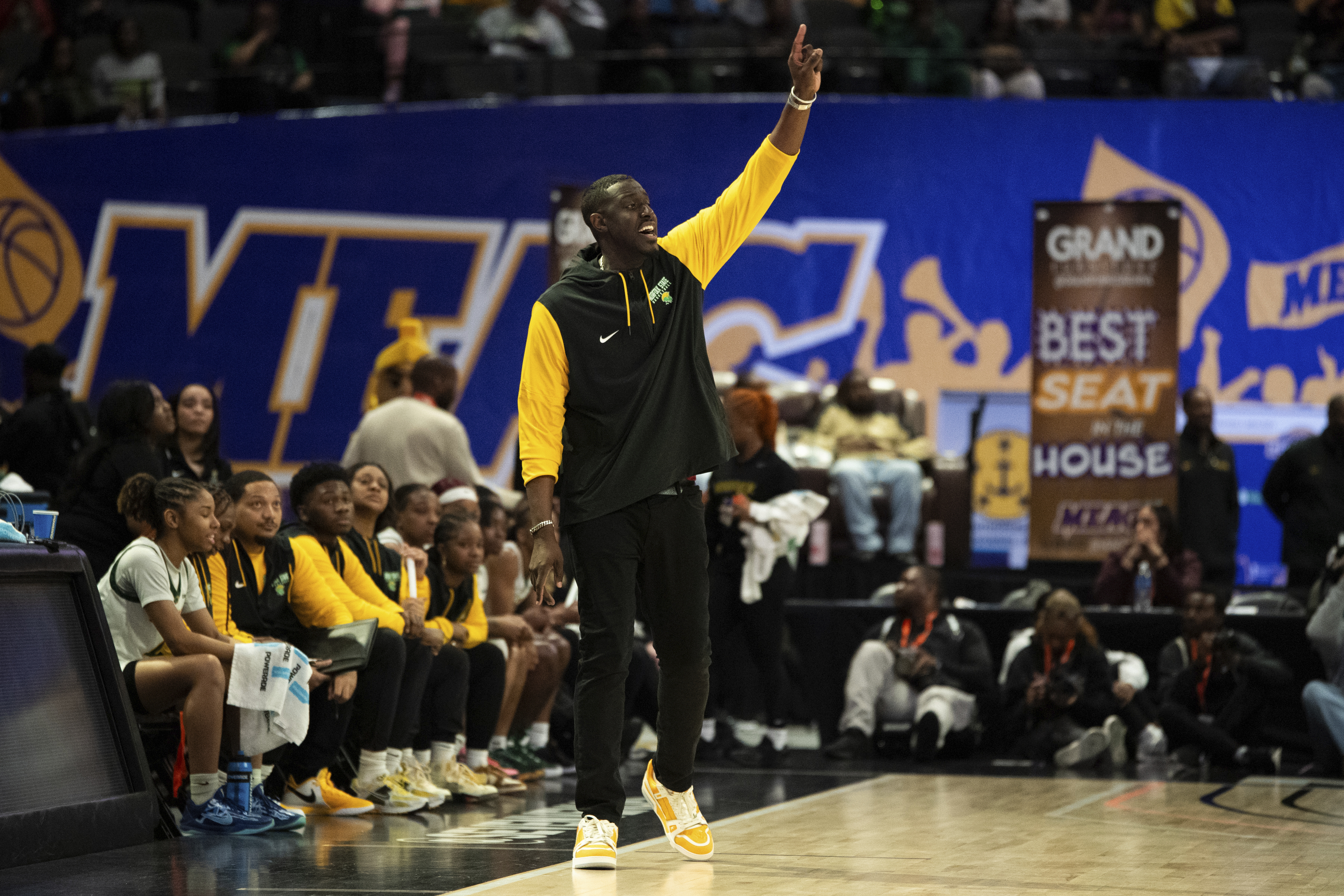 Norfolk State head coach Larry Vickers yells out to his team during the first half of an NCAA college basketball game against Howard in the championship of the Mid-Eastern Athletic Conference tournament, Saturday, March 15, 2025, in Norfolk, Va.