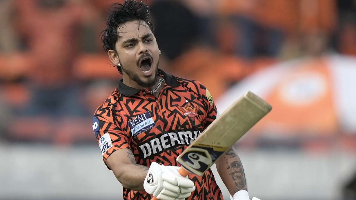 Sunrisers Hyderabad's Ishan Kishan celebrates after scoring a century during the Indian Premier League cricket match between Sunrisers Hyderabad and Rajasthan Royals in Hyderabad, India, Sunday, March 23, 2025.