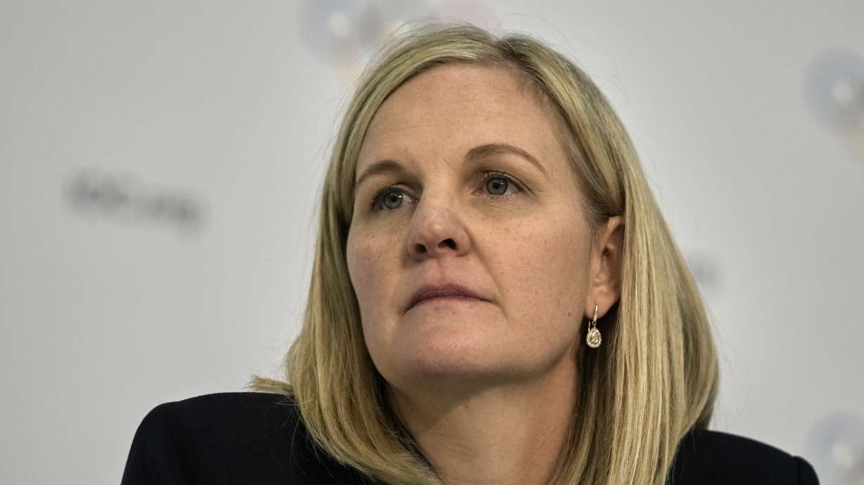 Kirsty Coventry listens a question during a press conference after she was elected as the new IOC President at the International Olympic Committee 144th session in Costa Navarino, western Greece, Thursday, March 20, 2025.