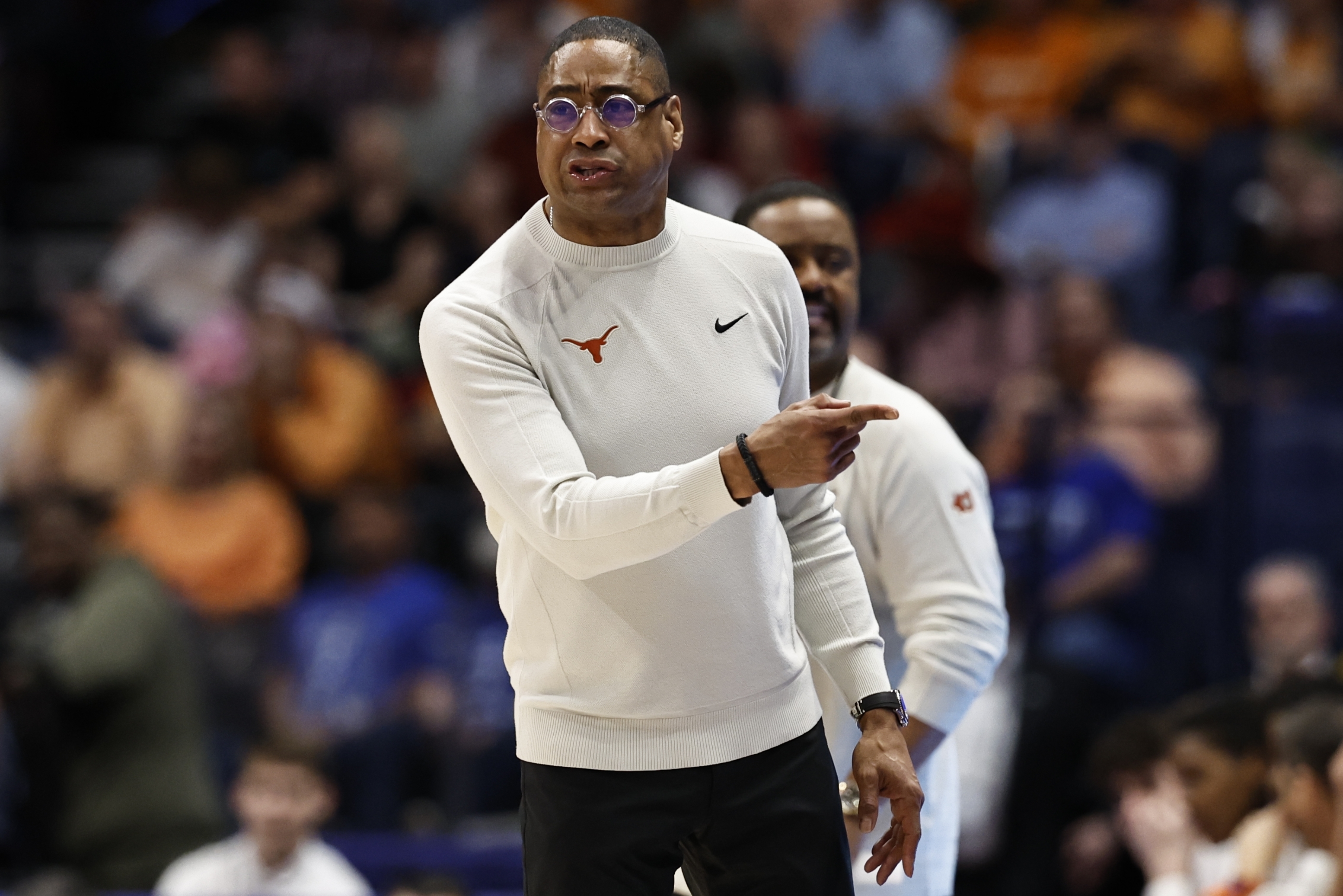 Texas head coach Rodney Terry speaks during the first half of an NCAA college basketball game against the Tennessee in the quarterfinal round of the Southeastern Conference tournament, Friday, March 14, 2025, in Nashville, Tenn.