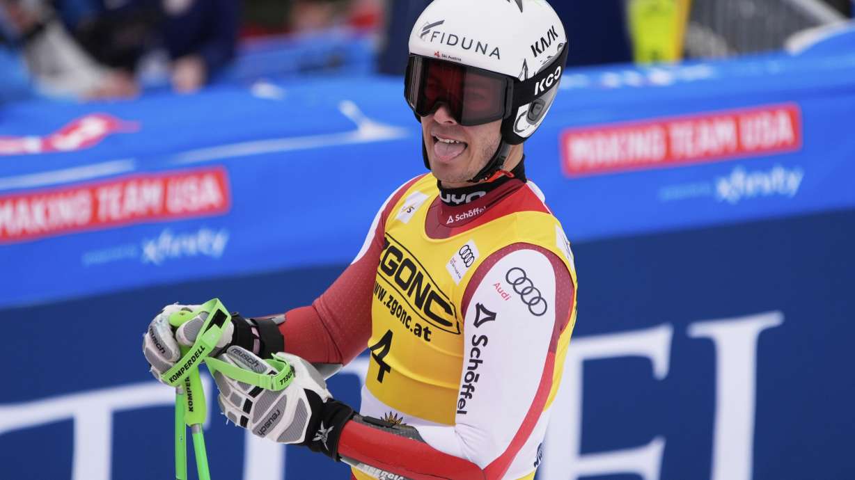 Austria's Lukas Feurstein reacts after his men's super-G run at the World Cup Finals, Sunday, March 23, 2025, in Sun Valley, Idaho.