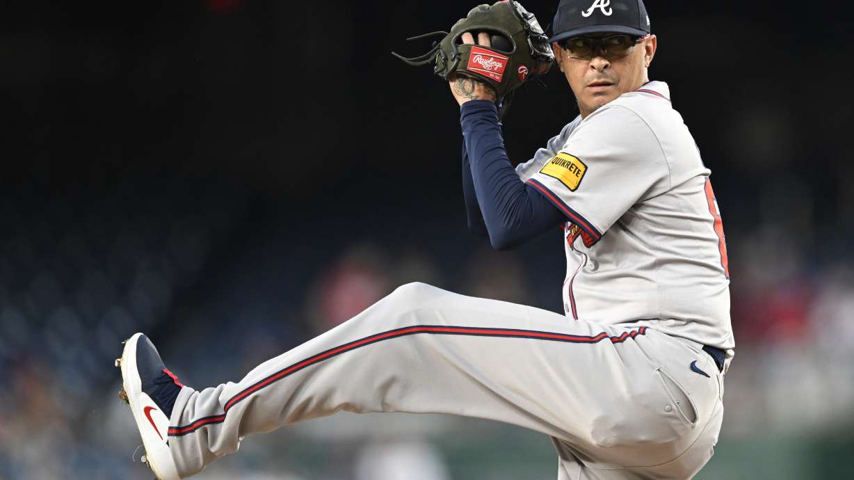 FILE - Atlanta Braves relief pitcher Jesse Chavez winds up during the second inning of a baseball game against the Washington Nationals, Sept. 10, 2024, in Washington.