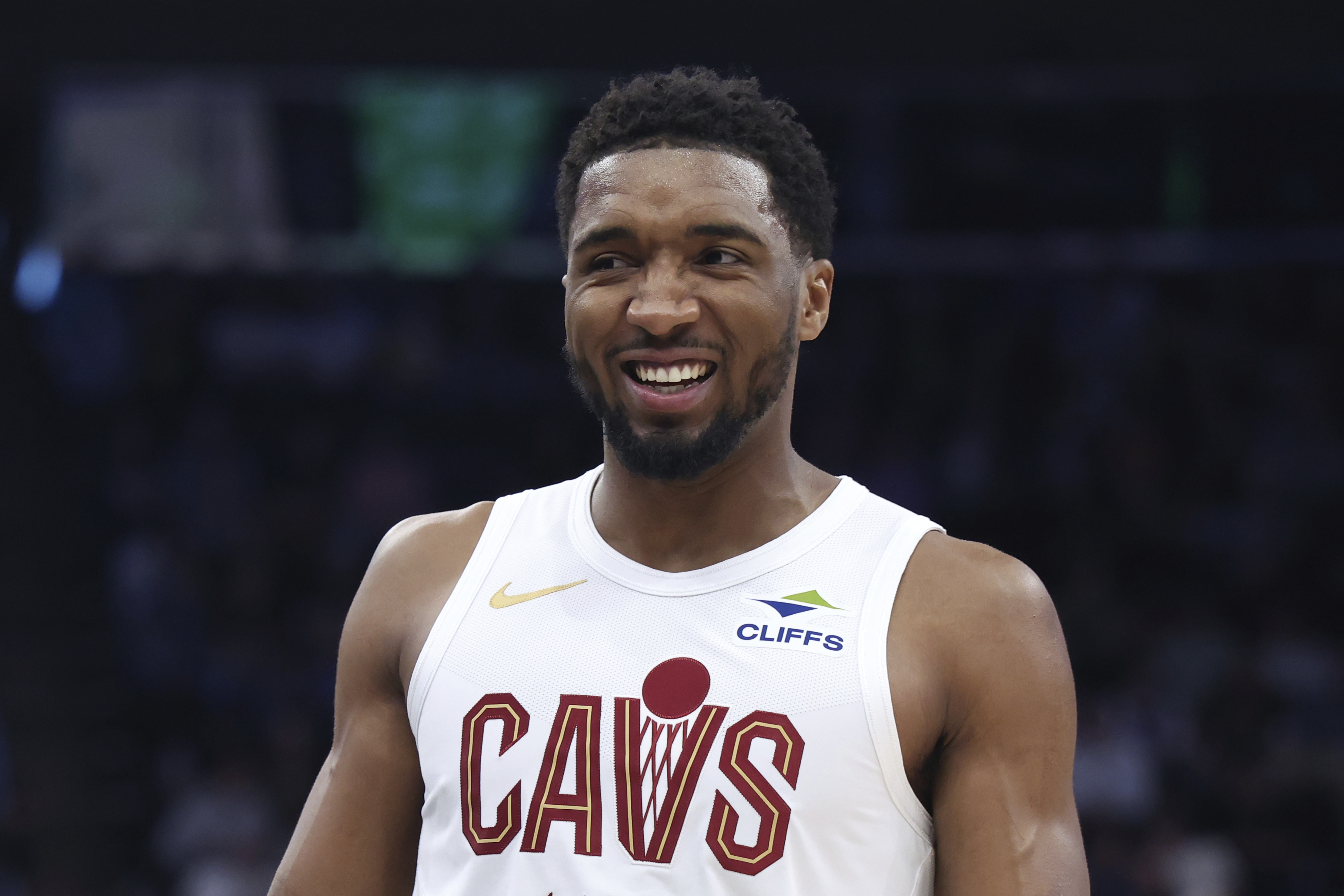 Cleveland Cavaliers guard Donovan Mitchell reacts after a play against the Utah Jazz during the first half of an NBA basketball game, Sunday, March 23, 2025, in Salt Lake City.