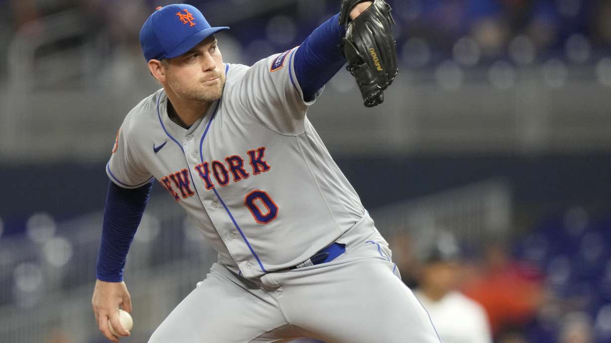 FILE - New York Mets relief pitcher Adam Ottavino throws during the ninth inning of a baseball game against the Miami Marlins, Sept. 18, 2023, in Miami.