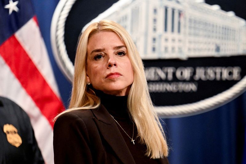 U.S. Attorney General Pam Bondi looks on during her first press conference at the Justice Department in Washington, Feb. 12.