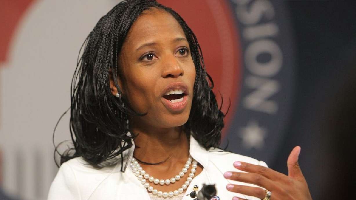Mia Love talks with the media following a debate with Doug Owens on Oct. 14, 2014, at the KUED studios in Salt Lake City, as the two ran for the 4th Congressional District. Love died Sunday.