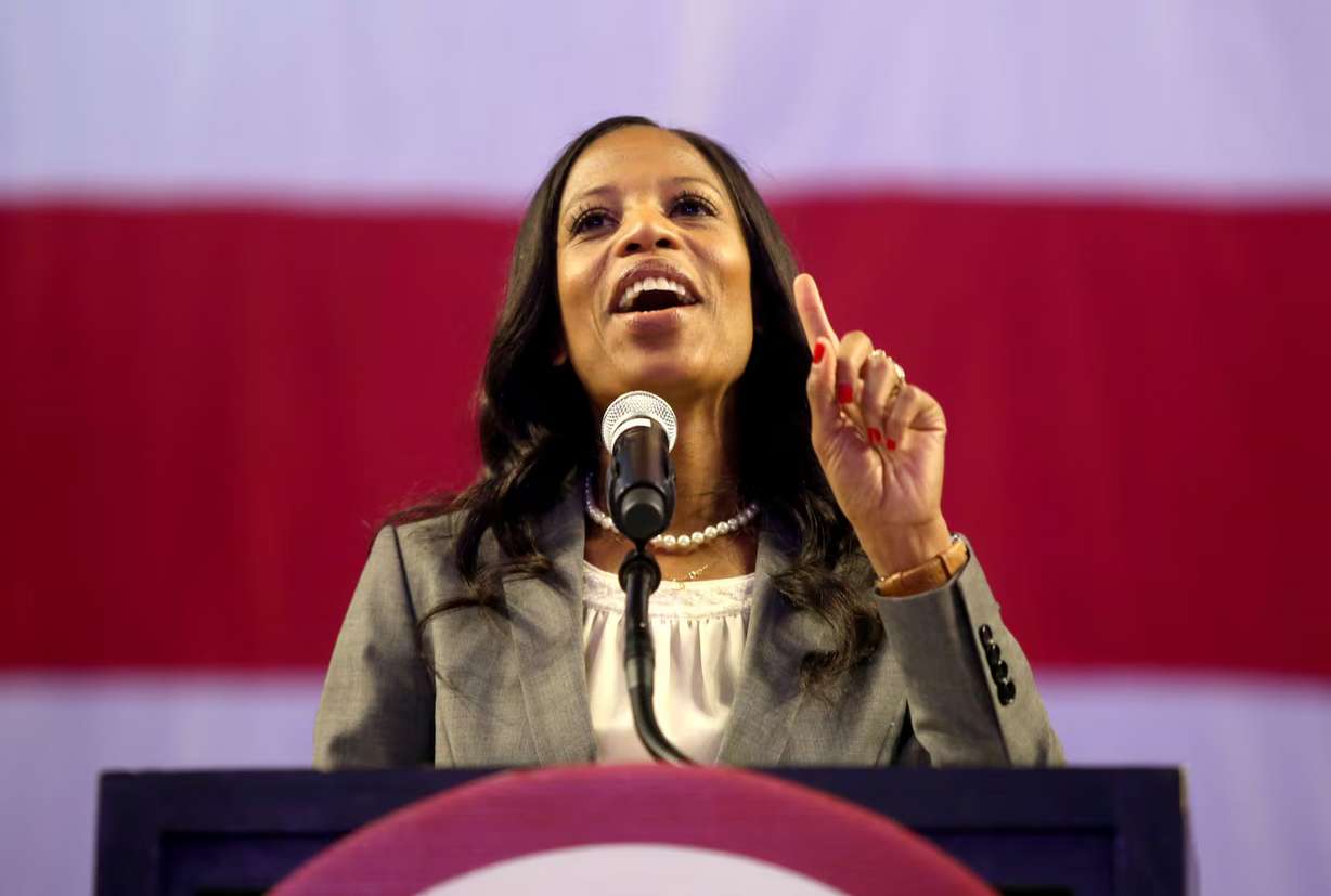 Rep. Mia Love speaks during the Utah Republican Party state convention at the Maverik Center in West Valley City on April 21, 2018.