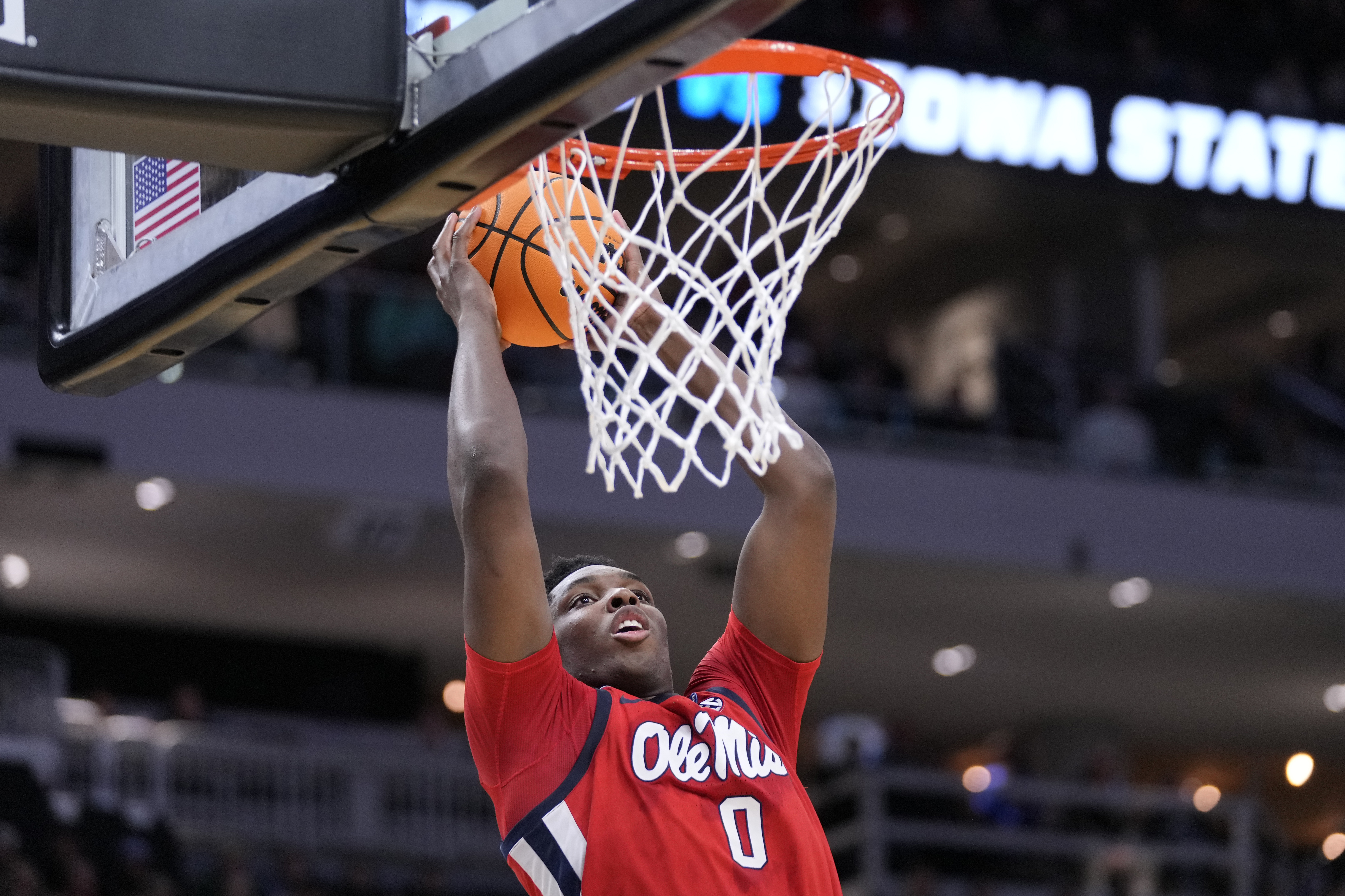 Mississippi forward Malik Dia (0) dunks the ball against Iowa State during the first half in the second round of the NCAA college basketball tournament, Sunday, March 23, 2025, in Milwaukee.