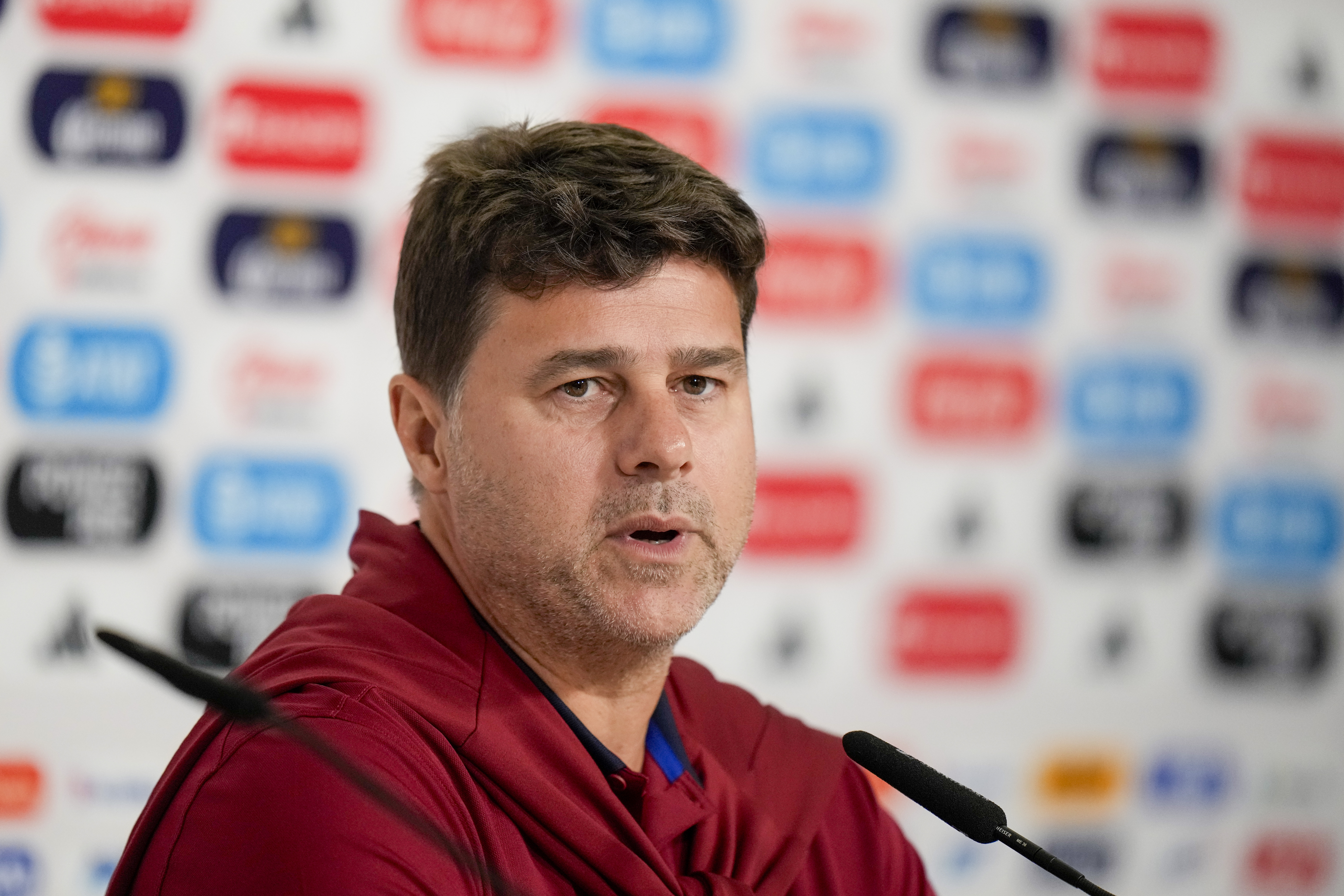 FILE - The United States' head coach Mauricio Pochettino gives a press conference ahead of an international friendly soccer match against Mexico, at Akron Stadium in Guadalajara, Mexico, Oct. 14, 2024.