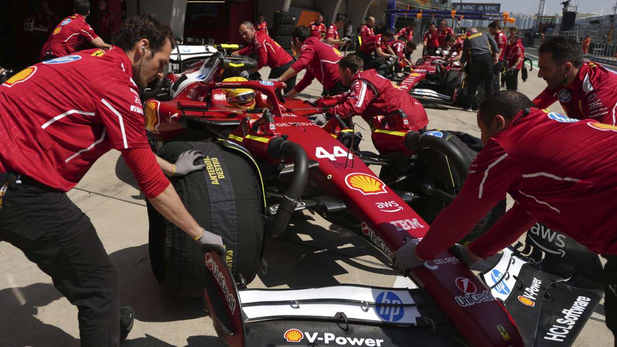 Ferrari driver Lewis Hamilton of Britain gets a pit stop during the first free practice at the Shanghai International Circuit in Shanghai, China, Friday, March 21, 2025, ahead of the Chinese Formula One Grand Prix (Sunday).