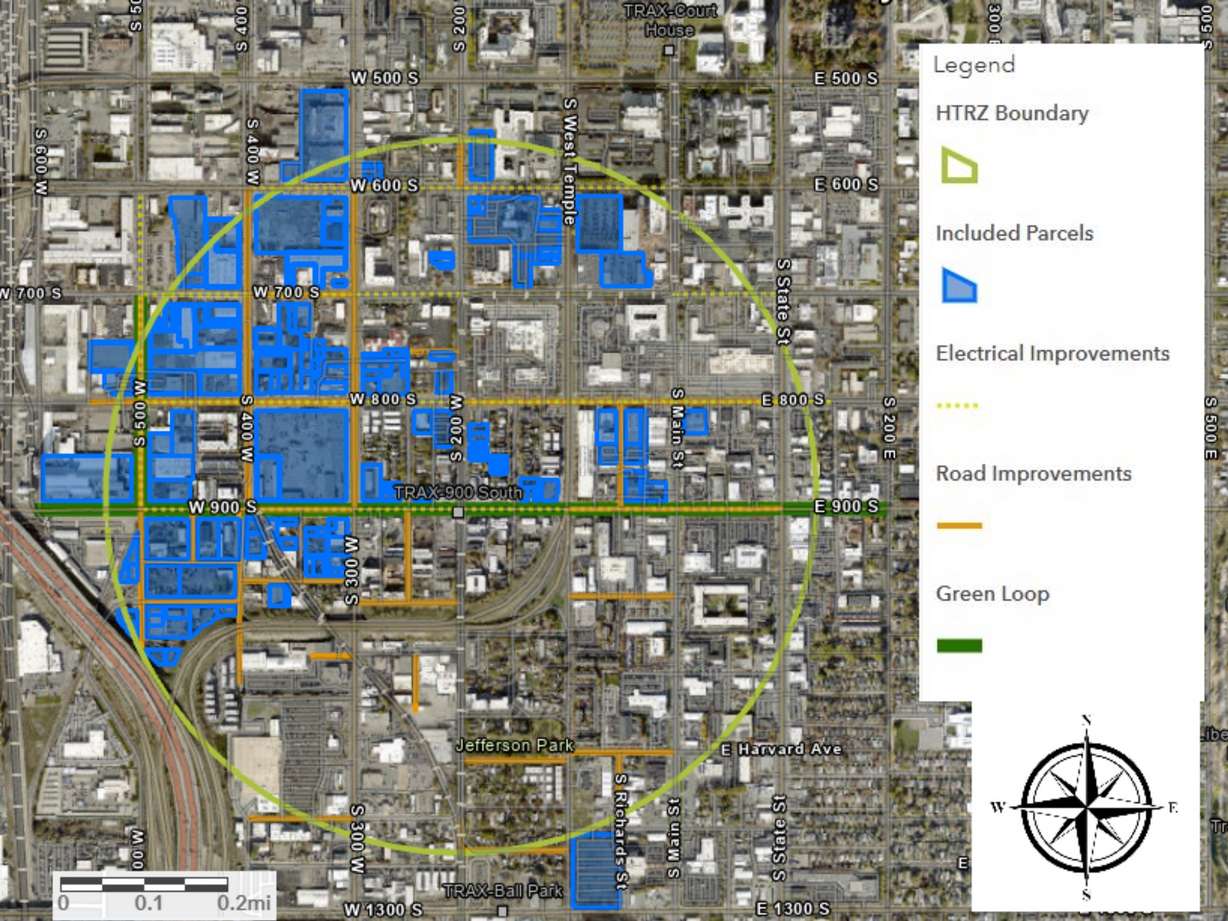 This map shows the boundaries and selected properties within the 900 South Housing & Transit Reinvestment Zone.
