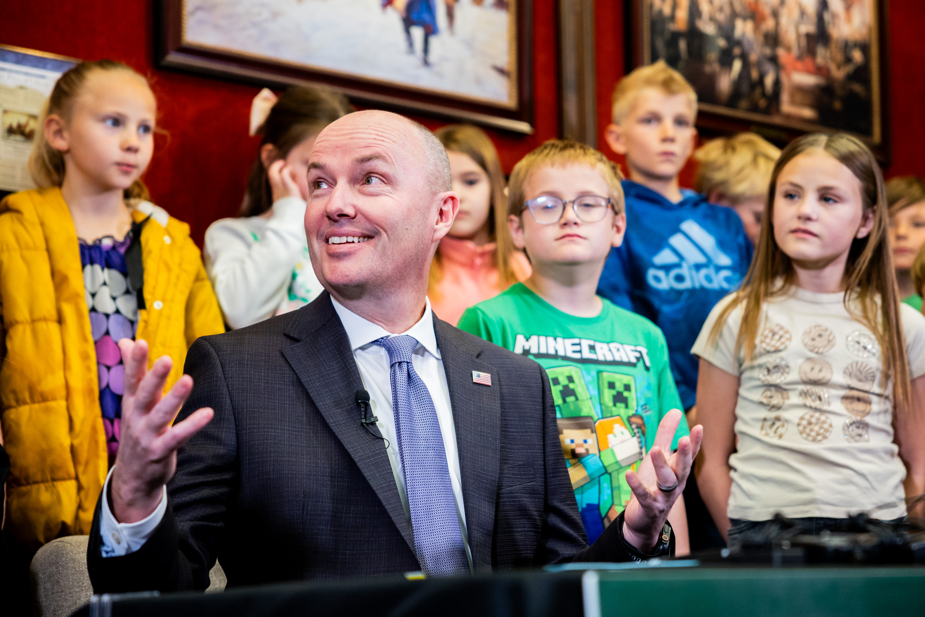 Gov. Spencer Cox holds a press conference at Manti Elementary School on Monday to support Utah’s rural schools and sign HB396, which amends the formula for necessarily existent small schools' funding.