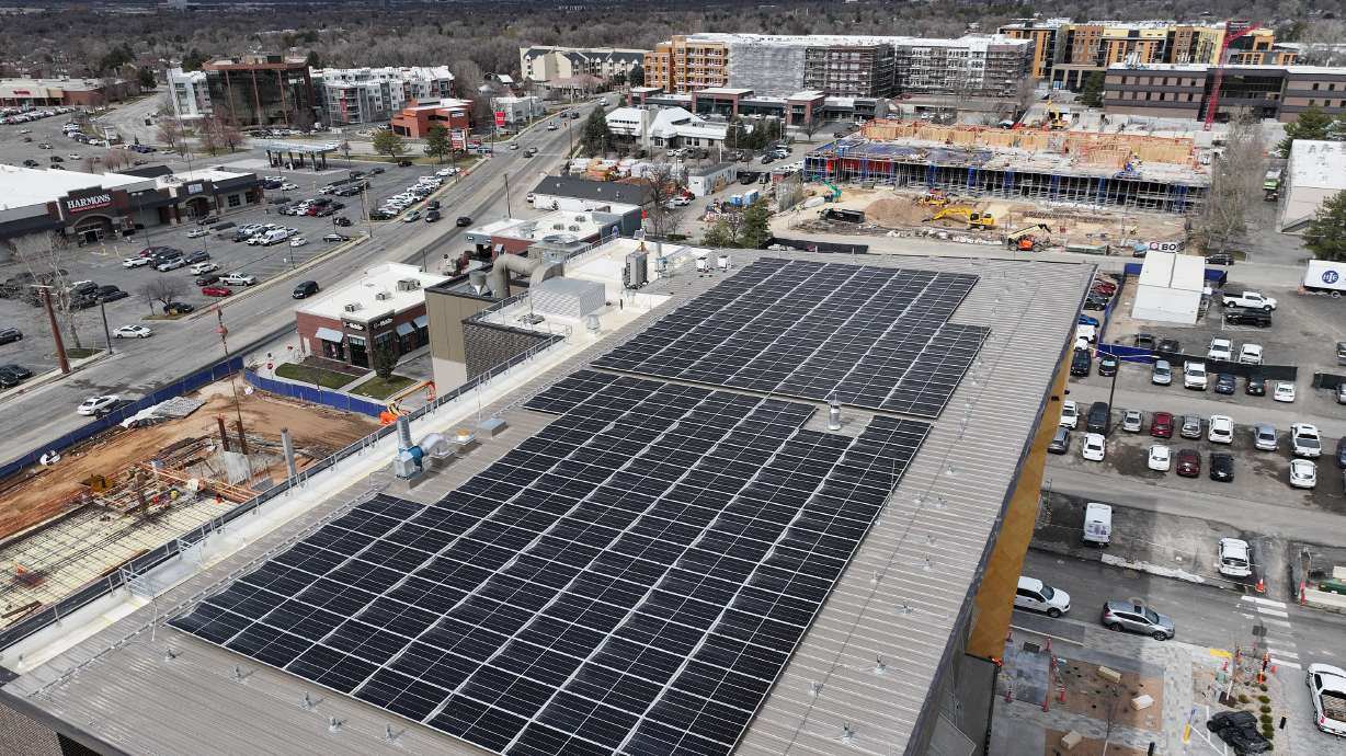Solar arrays atop the Millcreek city offices on March 11, 2024. Utah-based company Torus last week was certified as one of only two commercial battery providers to pass Rocky Mountain Power's testing standards for the Wattsmart Battery Program.