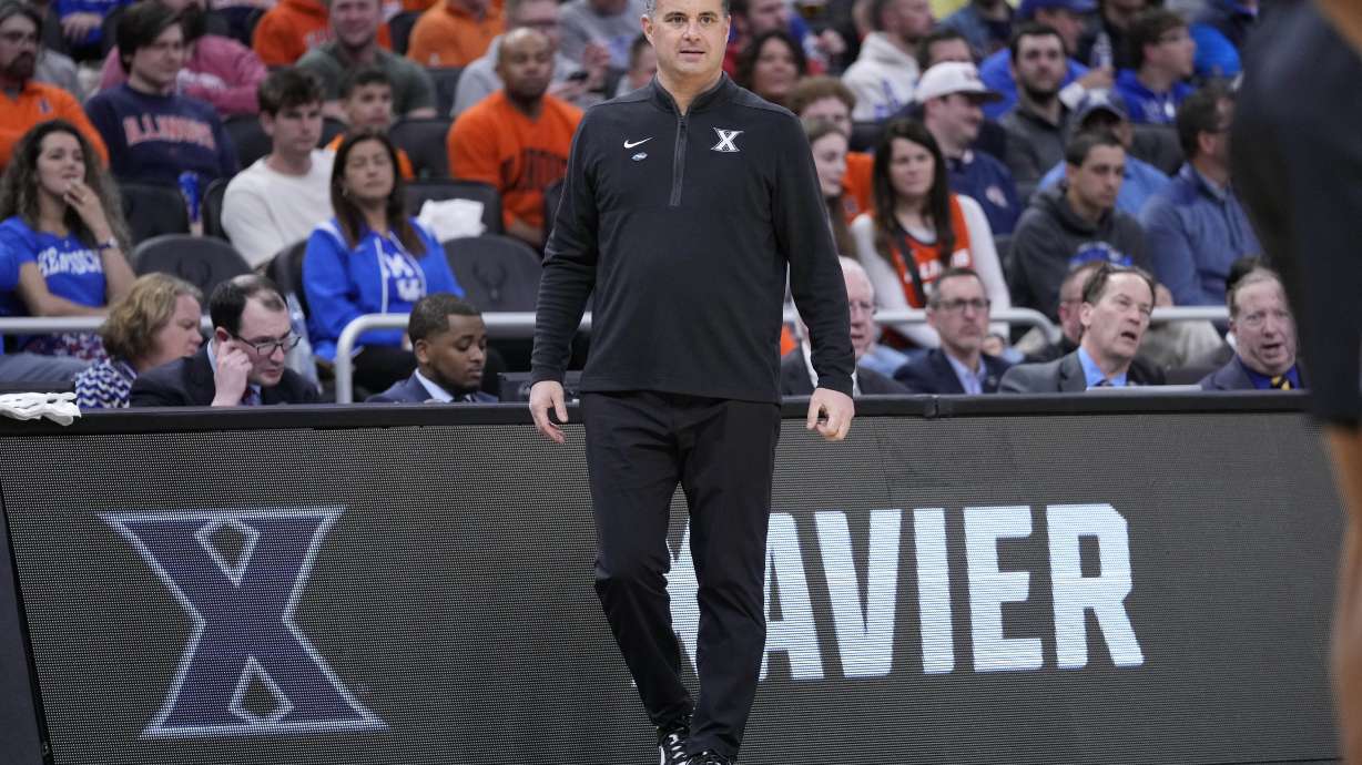 Xavier head coach Sean Miller looks to the court during the first half in the first round of the NCAA college basketball tournament against Illinois, Friday, March 21, 2025, in Milwaukee, Wis.