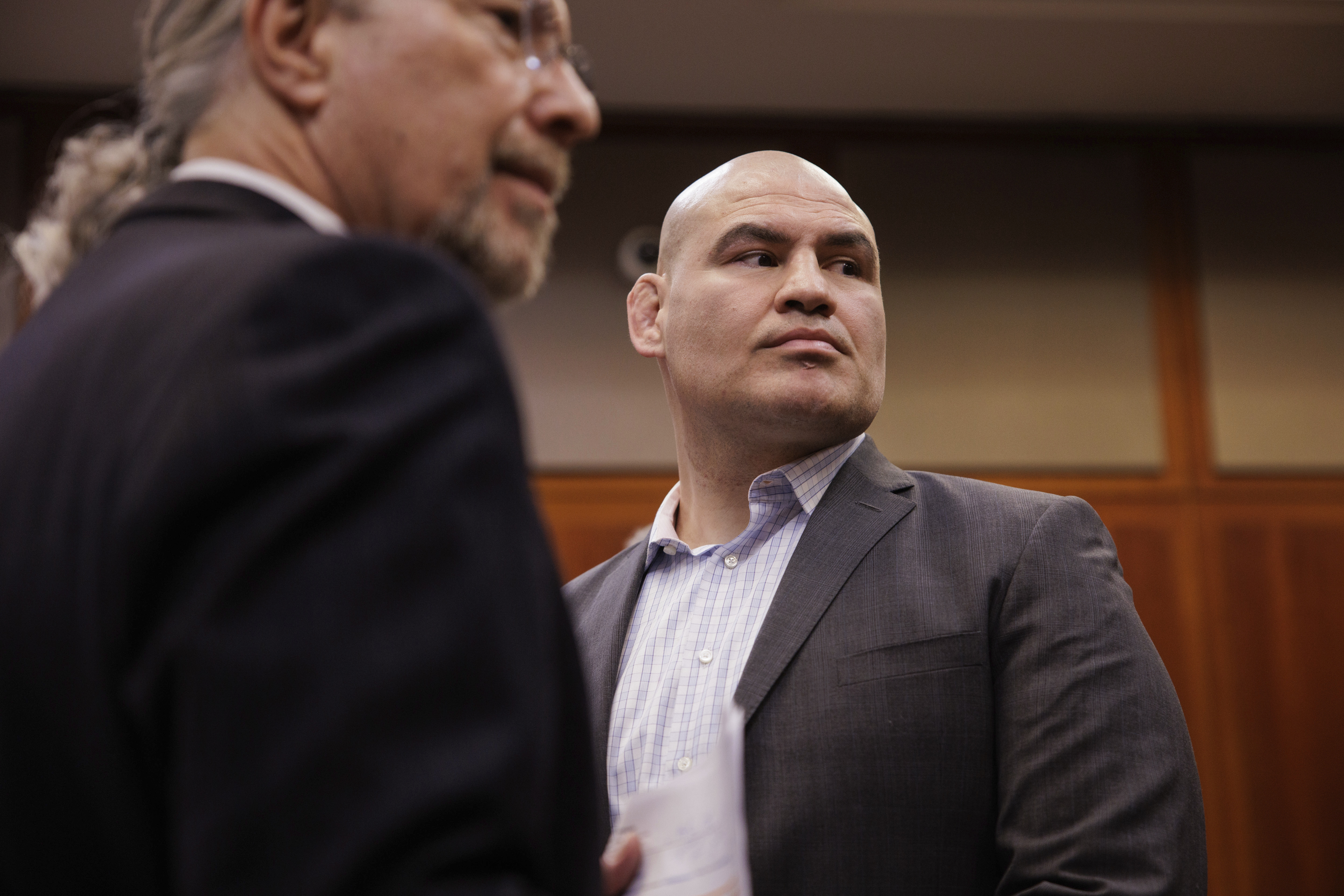 FILE - Cain Velasquez, right, appears for his arraignment with his attorney Edward Sousa at the Santa Clara County Hall of Justice, Nov. 21, 2022, in San Jose, Calif.