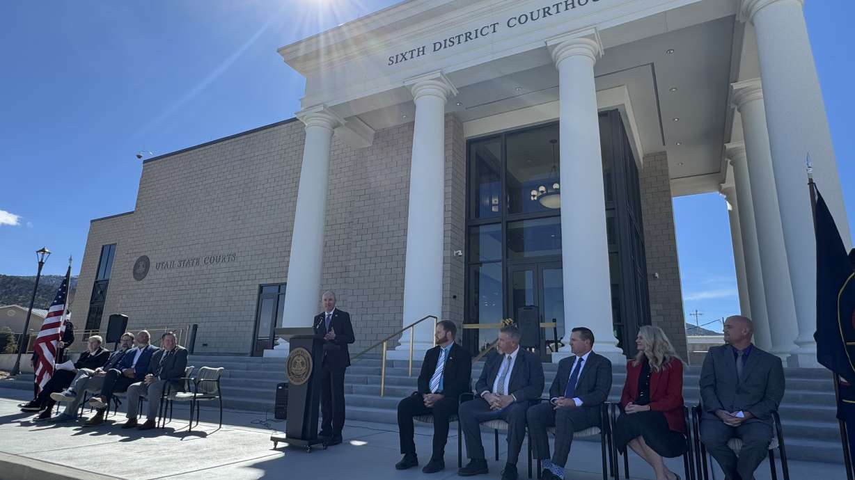 Utah Gov. Spencer Cox speaks at the dedication of the new 6th District courthouse in Manti on Monday.