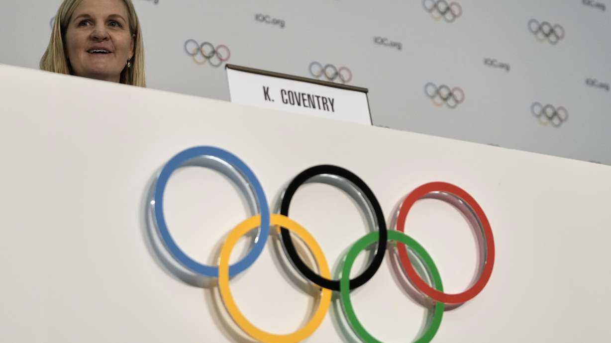 Kirsty Coventry speaks during a press conference after she was elected as the new IOC President at the International Olympic Committee 144th session in Costa Navarino, western Greece, Thursday, March 20, 2025.