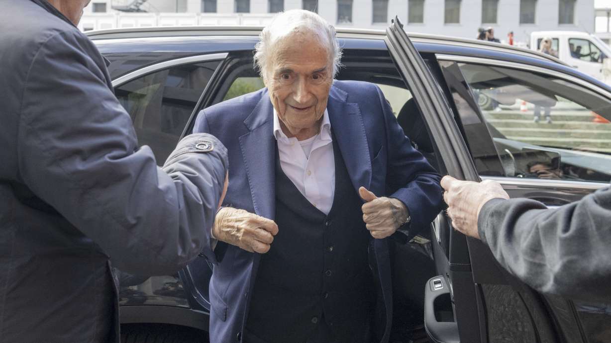 Former Fifa President, Sepp Blatter, arriving to the verdict at the special appeals court, in Muttenz, Switzerland, Tuesday, March 25, 2025.