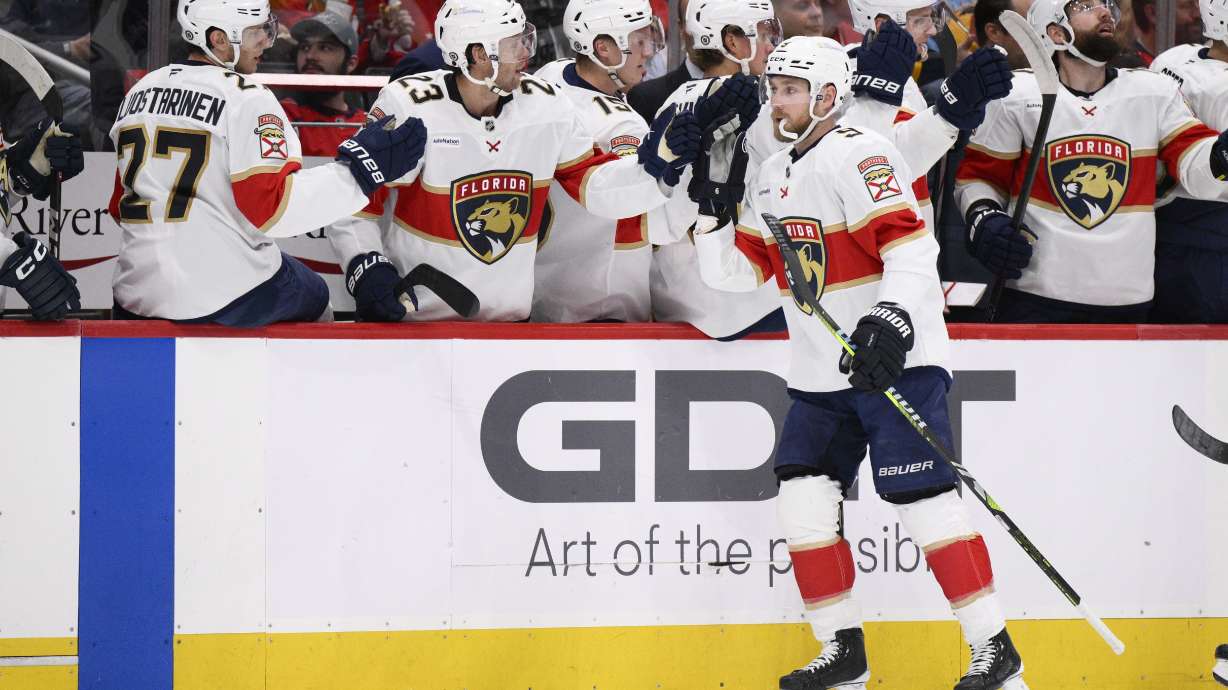 Florida Panthers center Sam Bennett (9) celebrates after his goal during the first period of an NHL hockey game against the Washington Capitals, Saturday, March 22, 2025, in Washington.