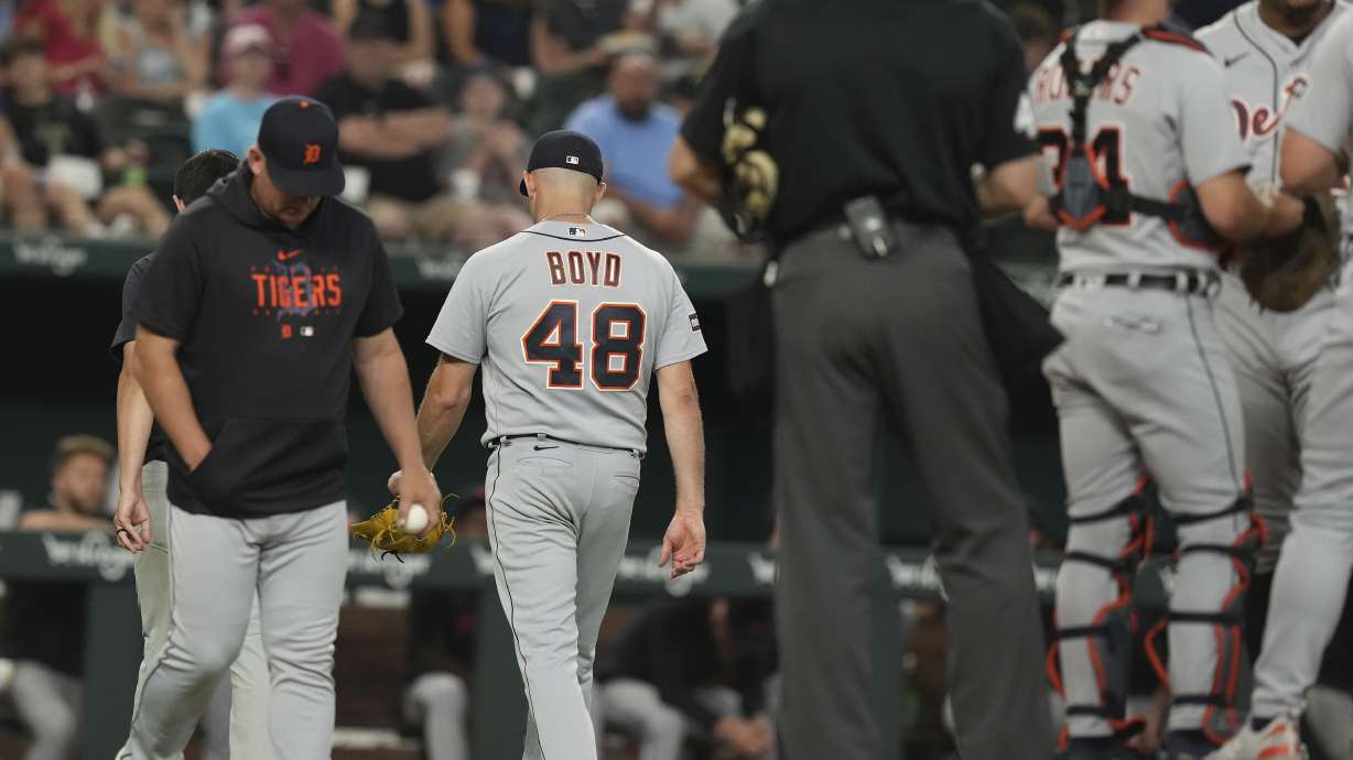 FIL:E - Detroit Tigers starting pitcher Matthew Boyd (48) leaves a baseball game during the first inning against the Texas Rangers in Arlington, Texas, Monday, June 26, 2023.