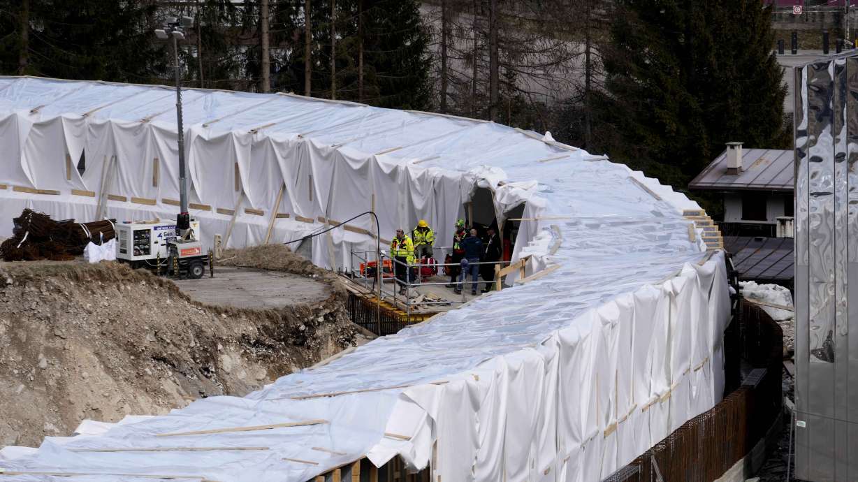 Construction work takes place at the Cortina Sliding Center, venue for the bob, luge and skeleton disciplines at the Milan Cortina 2026 Winter Olympics, in Cortina D'Ampezzo, Italy, Tuesday, March 25, 2025.