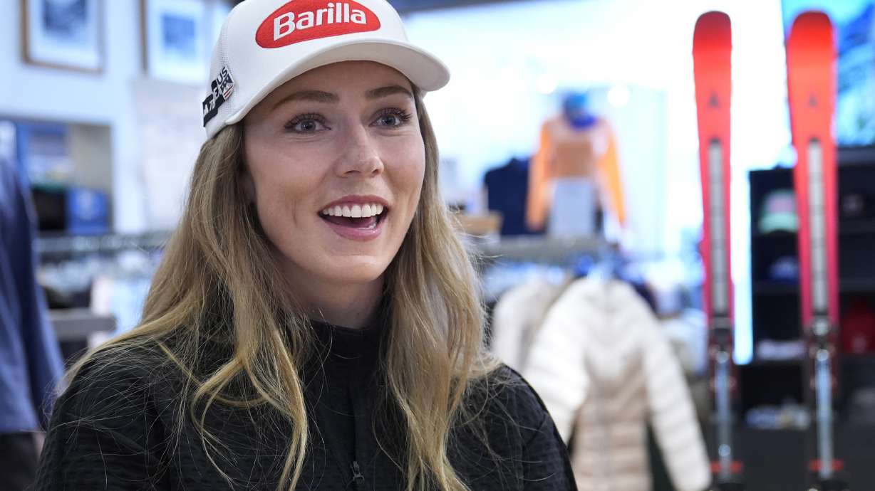 Alpine skier Mikaela Shiffrin speaks to a reporter in advance of competing at the World Cup Finals, Monday, March 24, 2025, in Sun Valley, Idaho.