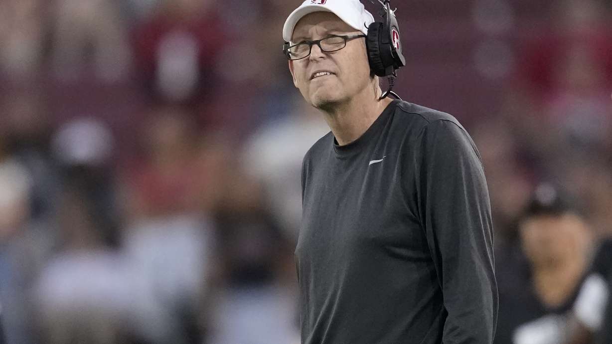 FILE - Stanford head coach Troy Taylor reacts as he watches the video board during the first half of an NCAA college football game against SMU in Stanford, Calif., Saturday, Oct. 19, 2024.