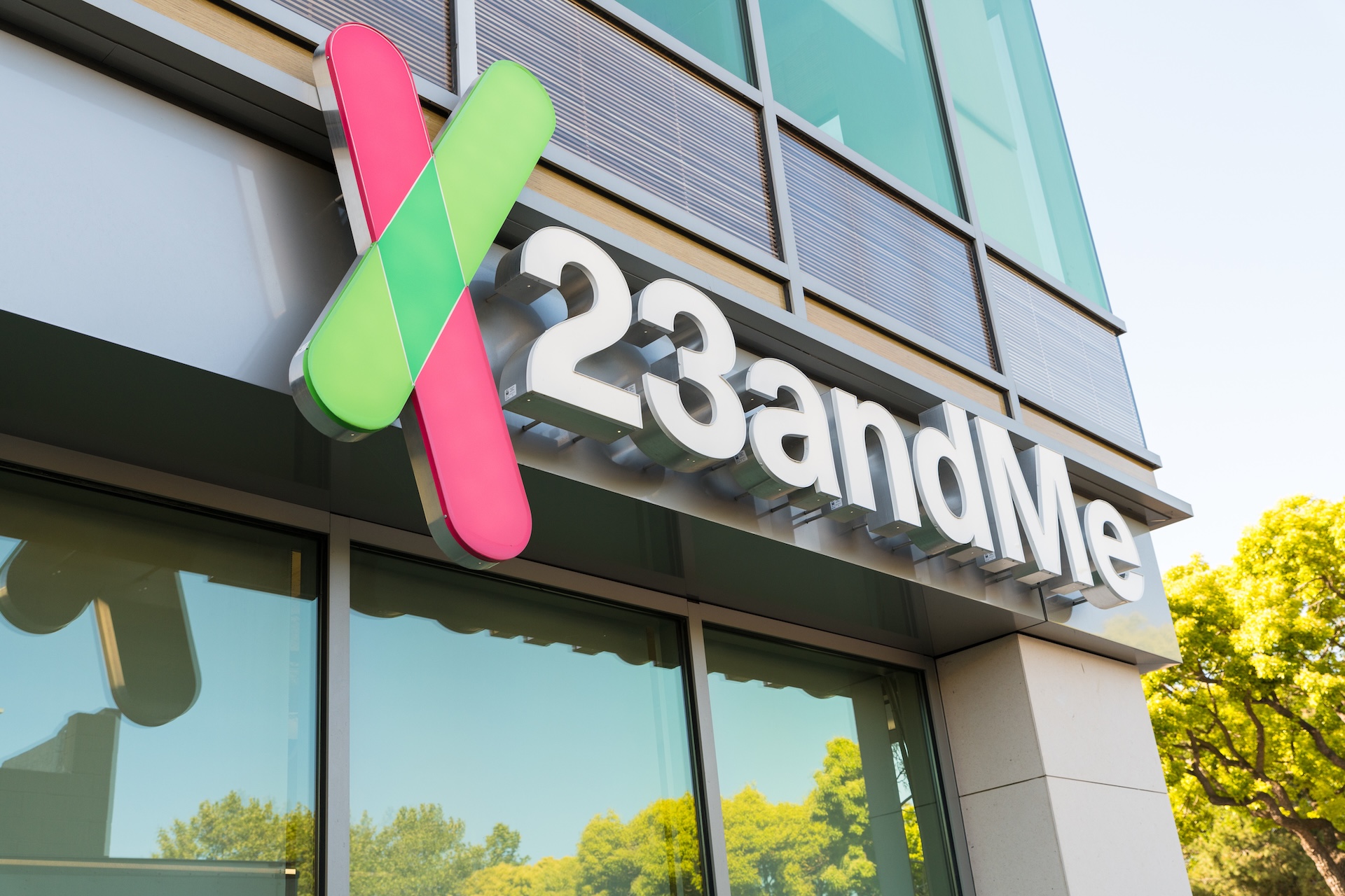 A logo sign outside of the headquarters of 23andMe in Mountain View, Calif., April 26, 2018. The personal genomics and biotechnology company filed for bankruptcy Sunday, prompting a consumer alert from Utah's Department of Commerce.