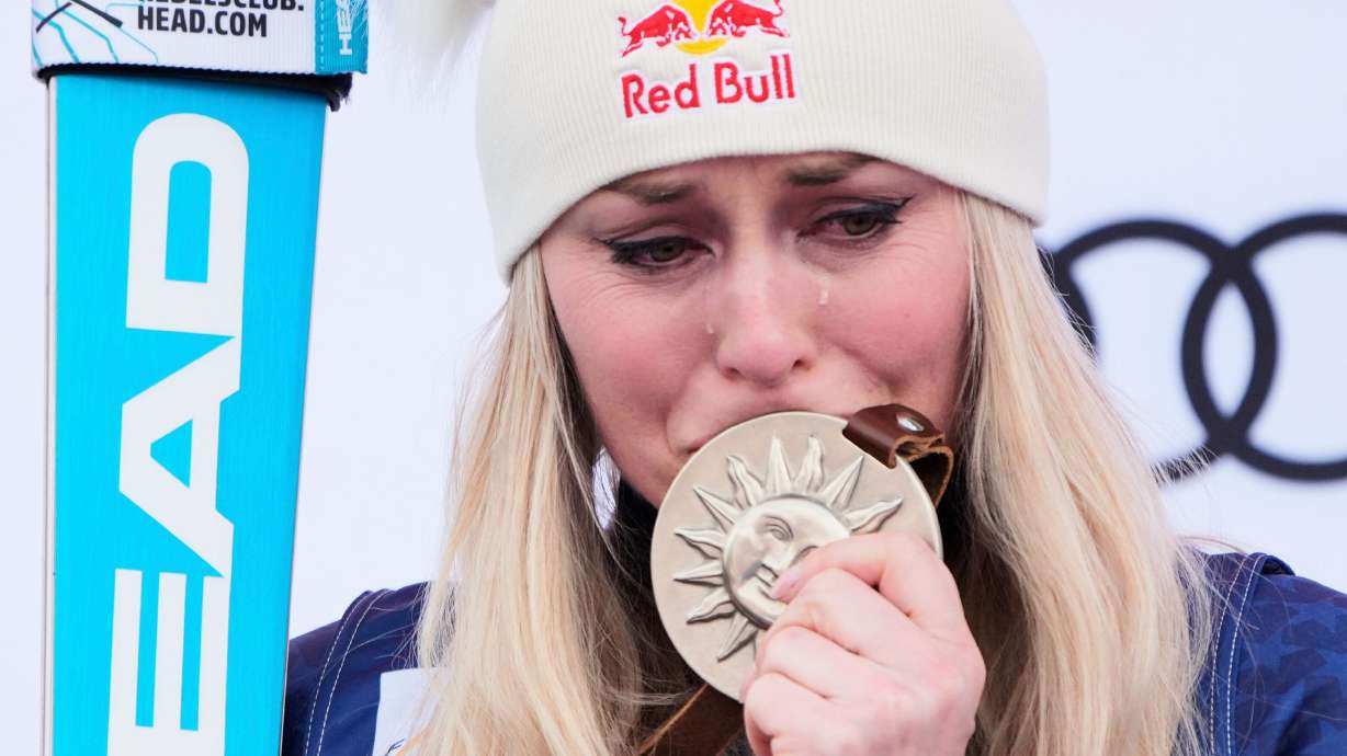 Second place finisher United States' Lindsey Vonn reacts during a medal ceremony for women's super-G at the World Cup Finals, Sunday, in Sun Valley, Idaho.