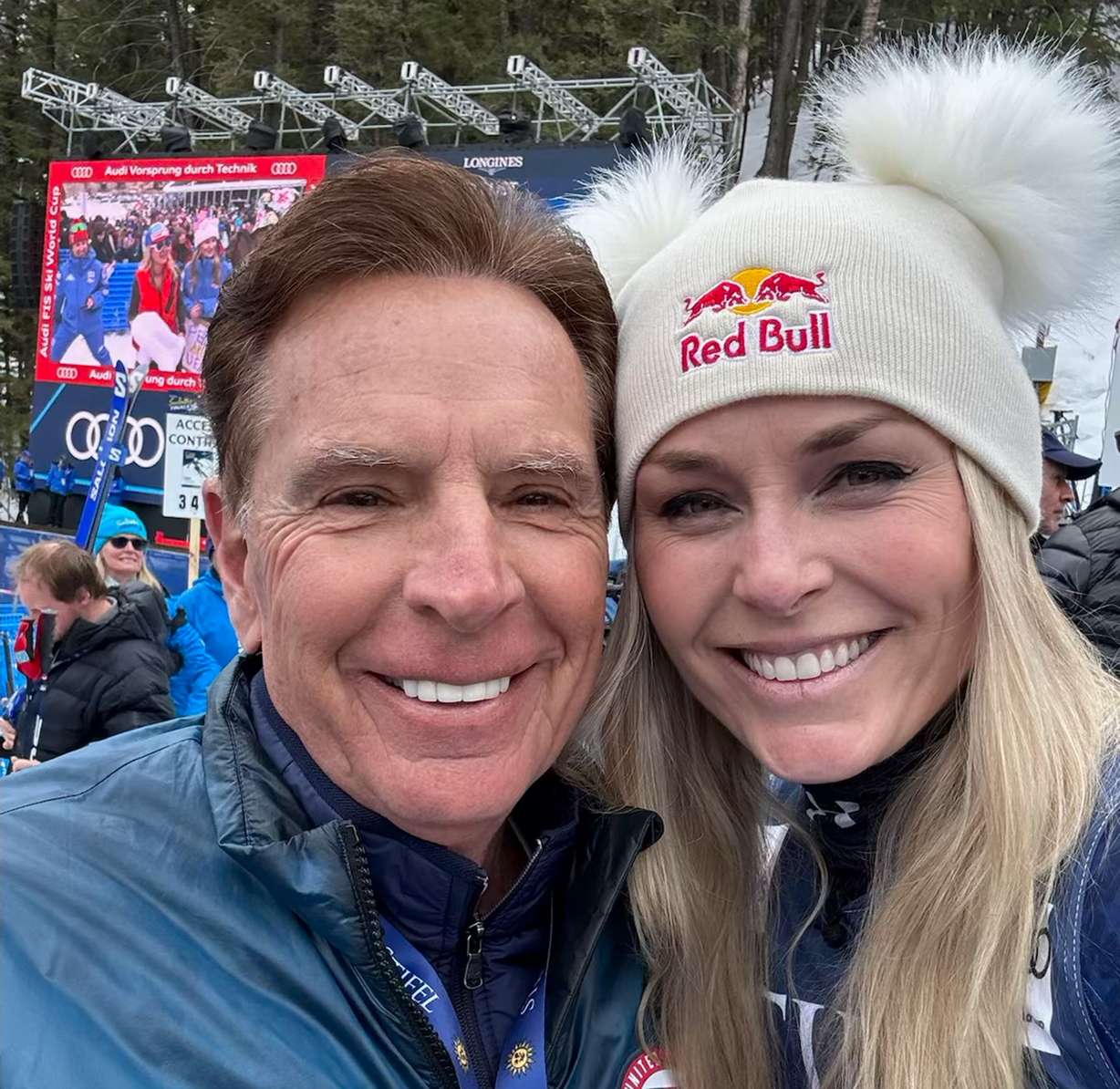 Fraser Bullock, president and executive chair of Utah’s Olympic organizers, is pictured with skier and 2034 Winter Games organizer Lindsey Vonn after her podium finish in the Super G Sunday in Sun Valley, Idaho.