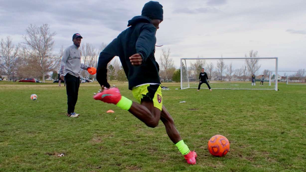 Members of Future FC, a Salt Lake City-based team made up largely of refugees, practice at Westpointe Park in Salt Lake City on March 21.