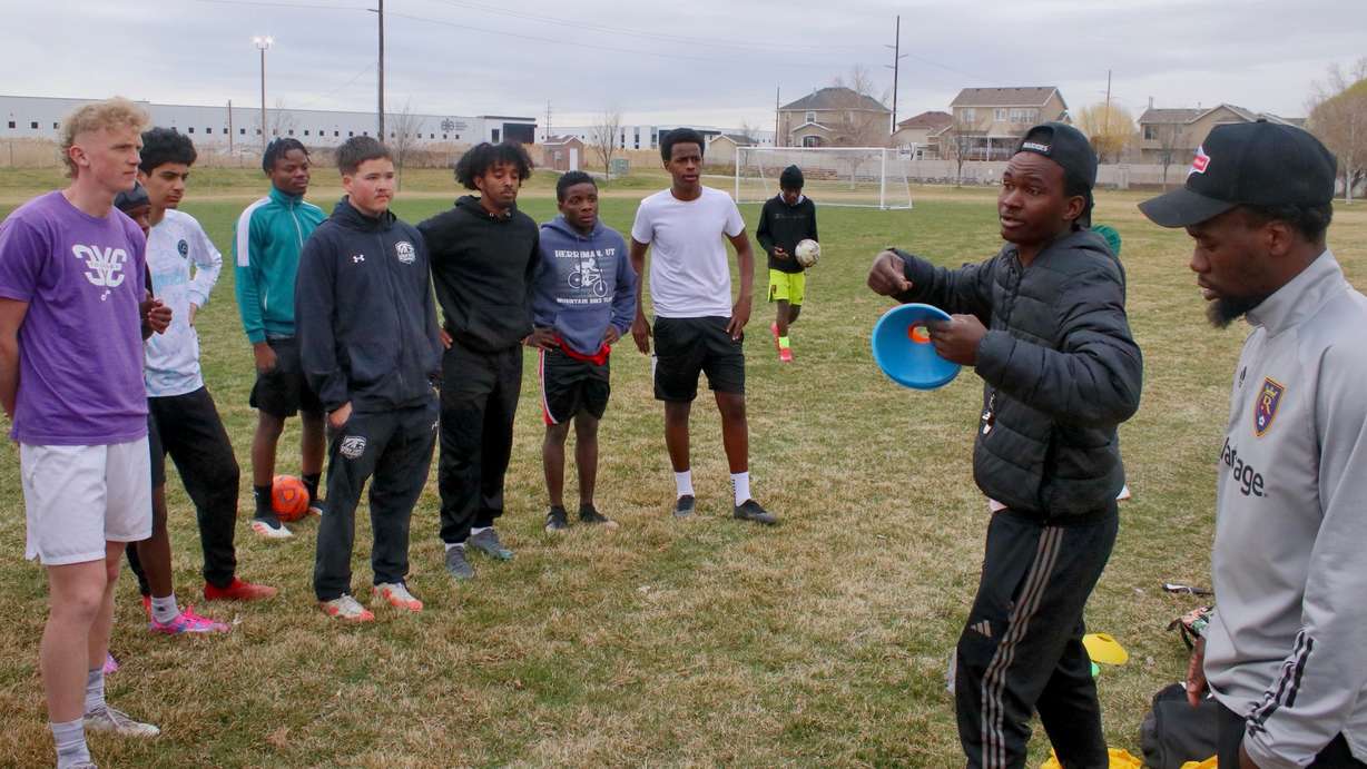 Future FC soccer team players and coaches at a practice at Westpointe Park in Salt Lake City on March 21.