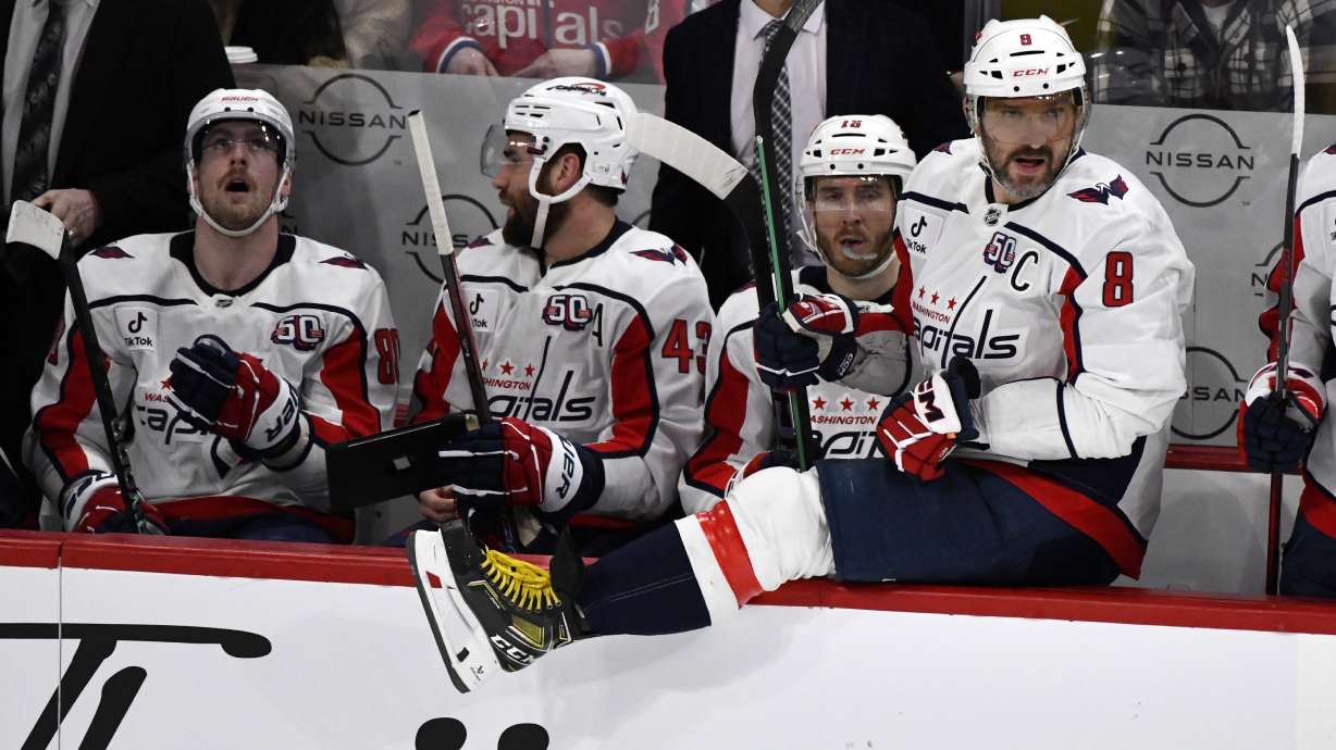 Washington Capitals' Alex Ovechkin (8) gets ready to hop the boards for a shift against the Winnipeg Jets during the second period of their NHL hockey game in Winnipeg, Manitoba, Tuesday March 25 2025.