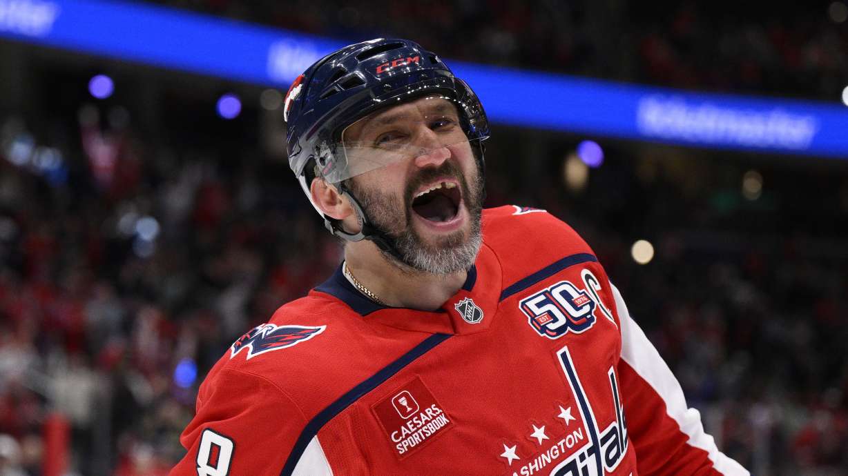 Washington Capitals left wing Alex Ovechkin (8) celebrates his goal during the first period of an NHL hockey game against the Philadelphia Flyers, Thursday, March 20, 2025, in Washington.