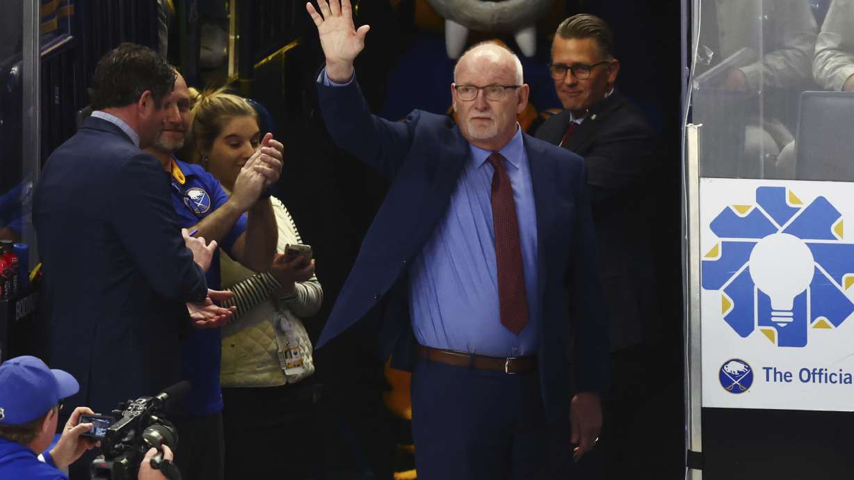 Buffalo Sabres head coach Lindy Ruff celebrates a victory after an NHL hockey game against the Ottawa Senators, Tuesday, March 25, 2025, in Buffalo, N.Y.