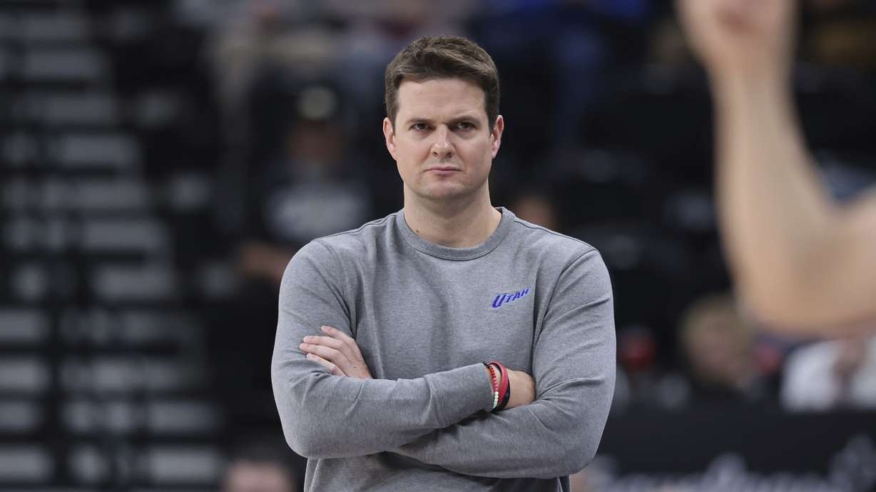 Utah Jazz head coach Will Hardy looks on during the first half of an NBA basketball game against the Cleveland Cavaliers, Sunday, March 23, 2025, in Salt Lake City.