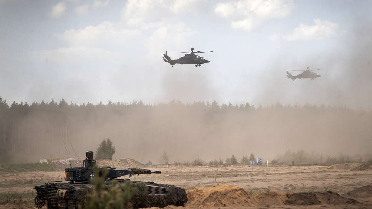 Eurocopters Tiger of the German Army take part in a military exercise in Pabrade, north of the capital Vilnius, Lithuania, on May 29, 2024. Four U.S. soldiers who went missing while training in Lithuania have died.