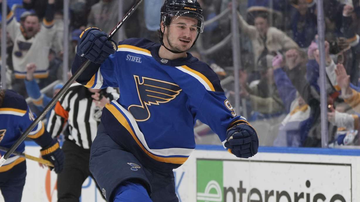 St. Louis Blues' Alexandre Texier celebrates after scoring during the second period of an NHL hockey game against the Montreal Canadiens Tuesday, March 25, 2025, in St. Louis.