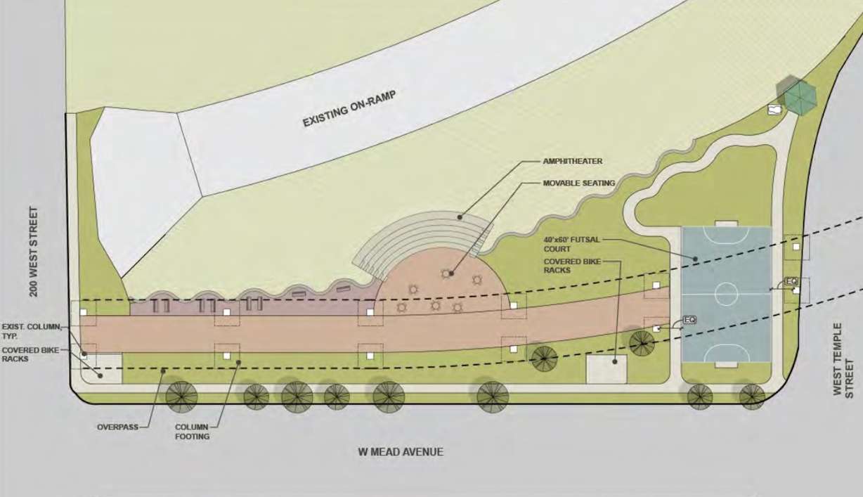 A preliminary rendering outlining plans for the MeadUP space in Salt Lake City's Central Ninth neighborhood. GSBS Architects is currently working on an updated version that includes two futsal courts, as well as a possible dog park or small outdoor gym.