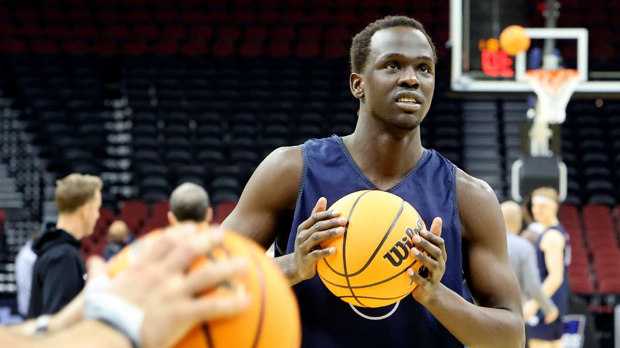 Brigham Young Cougars forward Mawot Mag (0) practices with his team for the upcoming NCAA Sweet 16 basketball game against Alabama at the Prudential Center in Newark, N.J., on Wednesday, March 26, 2025.