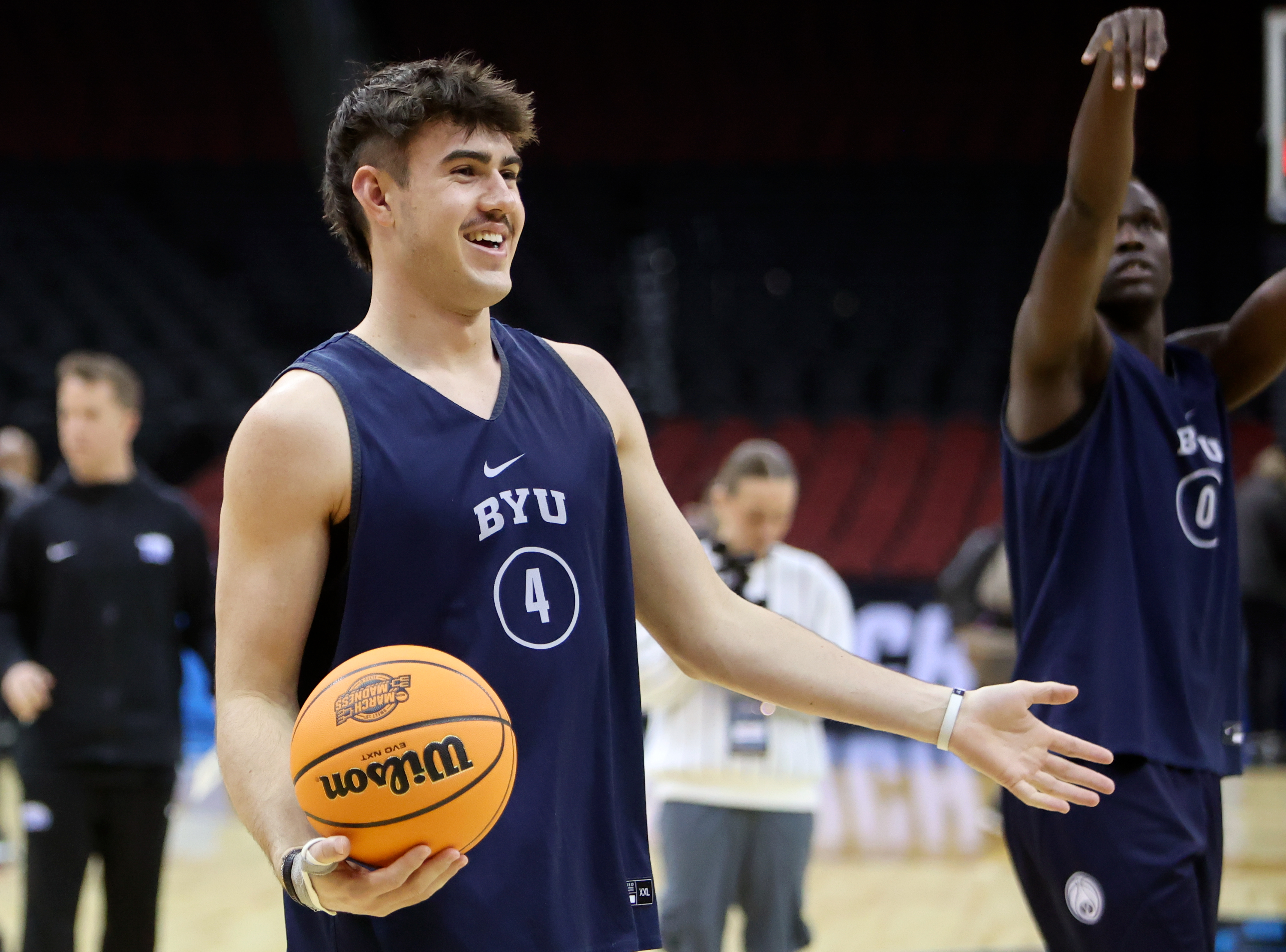 Brigham Young forward Brody Kozlowski (4) practices with his team for the upcoming NCAA Sweet 16 basketball game against Alabama at the Prudential Center in Newark, N.J., on Wednesday, March 26, 2025.