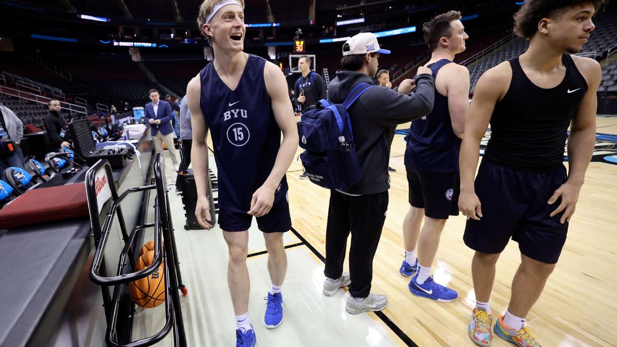 Brigham Young Cougars forward Richie Saunders (15) laughs during practice for the upcoming NCAA Sweet 16 basketball game against Alabama at the Prudential Center in Newark, N.J., on Wednesday, March 26, 2025.