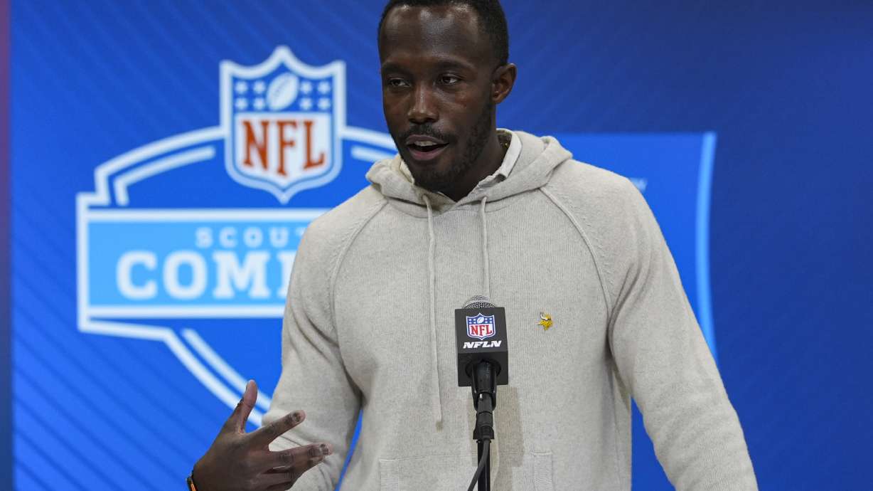 Minnesota Vikings general manager Kwesi Adofo-Mensah speaks during a press conference at the NFL football scouting combine in Indianapolis, Tuesday, Feb. 25, 2025.