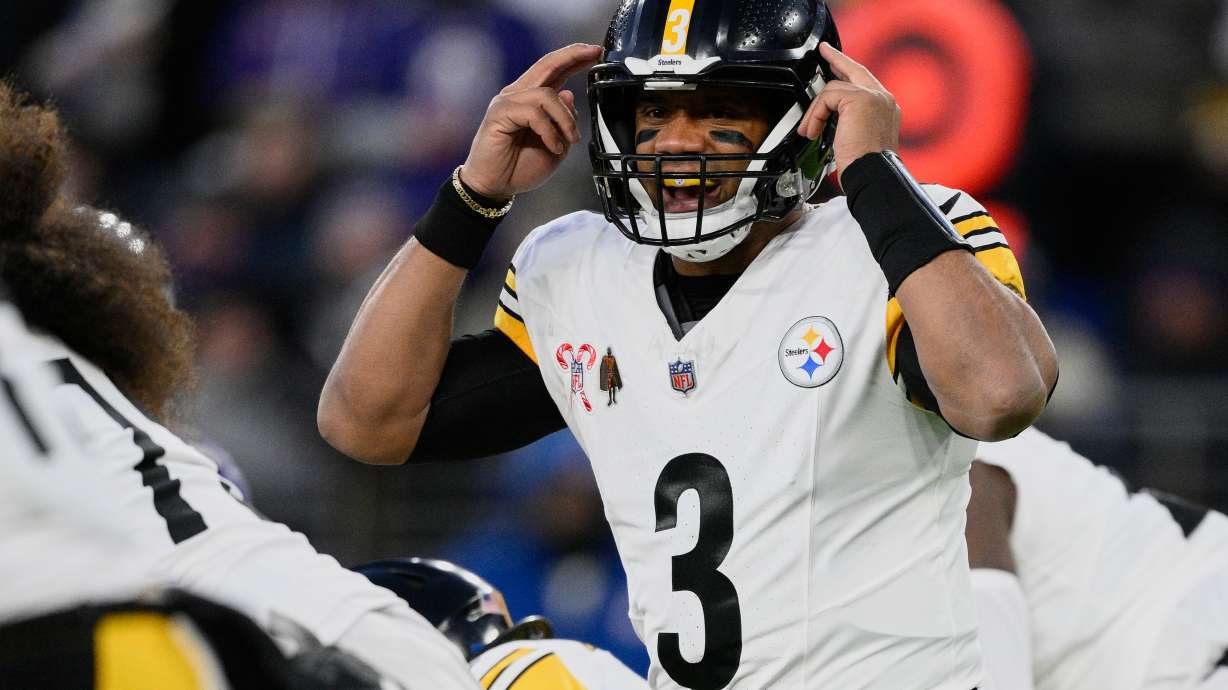 FILE - Pittsburgh Steelers quarterback Russell Wilson (3) calls out at the line of scrimmage during the first half of an NFL football game against the Baltimore Ravens, Saturday, Dec. 21, 2024, in Baltimore.