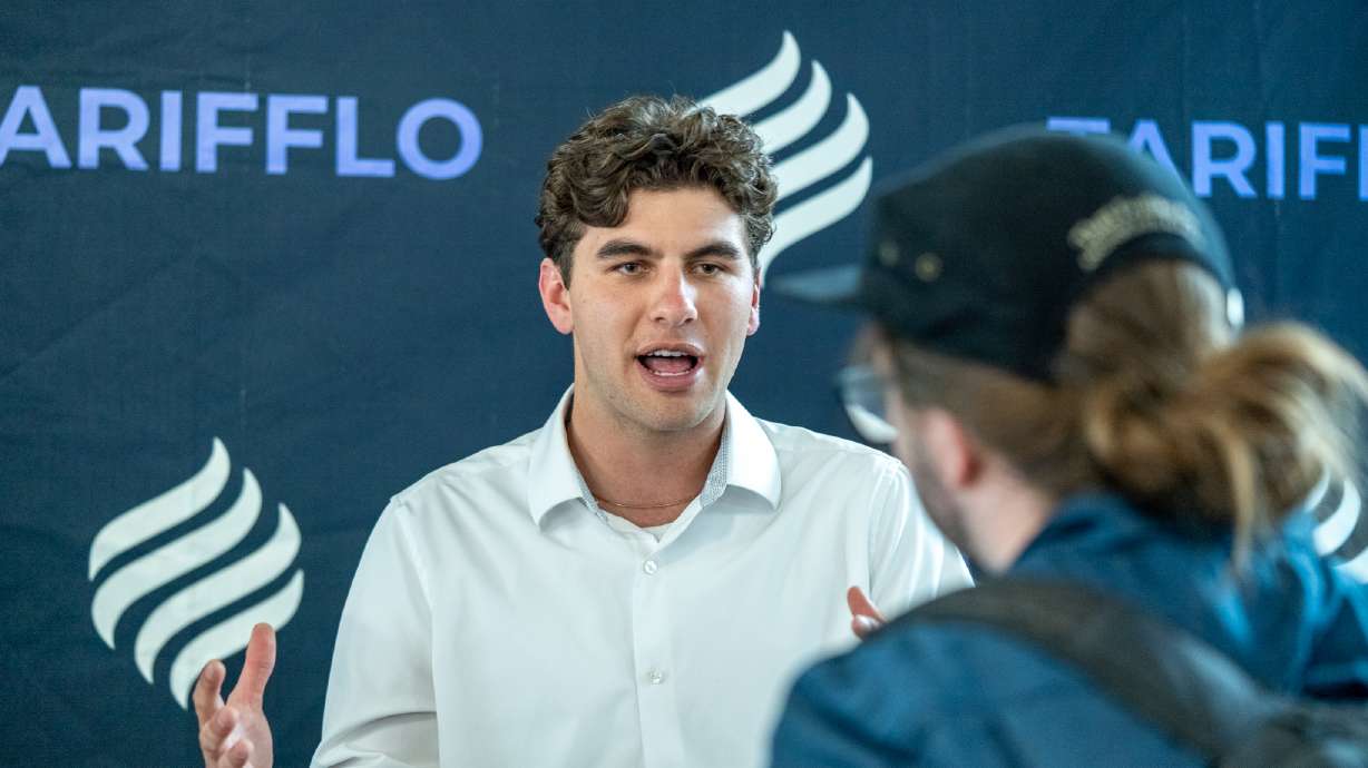Tarifflo co-founder Bryce Judy talks about his company during the Tim Draper Utah Entrepreneur Challenge on Saturday, March 22. Tarifflo automates international trade documentation, outperforming traditional and competing software solutions.